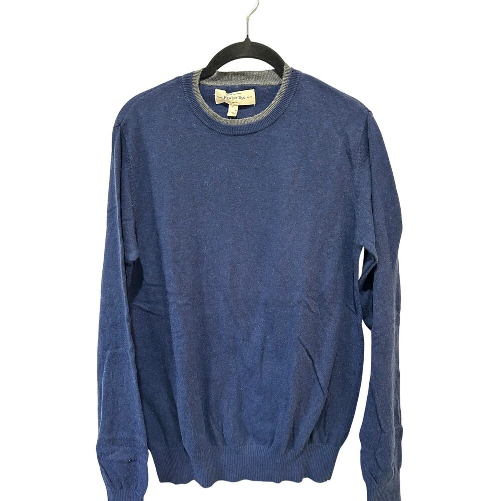 Hawker Rye cotton cashmere sweater mens M blue grey trim crew neck